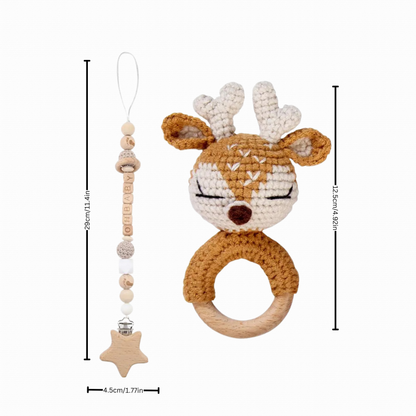 Reindeer Crocheted Rattle with wooden Pacifier Clip Set